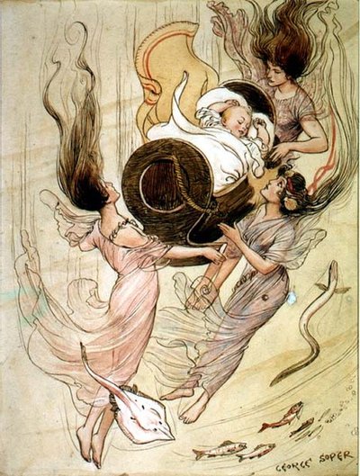 Üç Deniz Kızı ve Bir Bebek (kalem ve mürekkep ve sulu boya) by George Soper