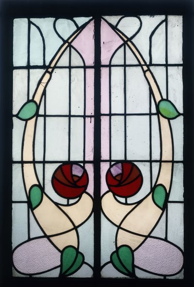 Stilize gülleri gösteren vitray panel (kurşunlu vitray, ahşap çerçeve) by George Walton