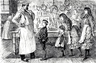 Evin çocuklarından emir alan bir şefi betimleyen bir çizgi film. Fransız-İngiliz karikatürist ve yazar George du Maurier (1834-1896) tarafından resmedilmiştir. by George du Maurier