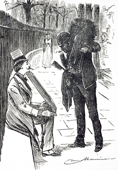 Fırçalarını Londra sokaklarında taşıyan bir baca temizleyicisini tasvir eden bir karikatür. Fransız-İngiliz karikatürist ve yazar George du Maurier (1834-1896) tarafından resmedilmiştir. by George du Maurier