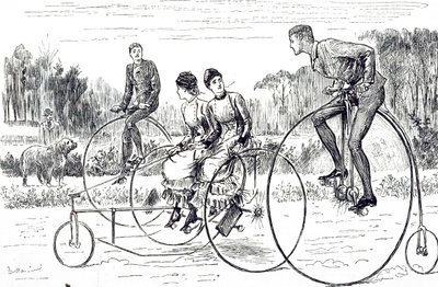 Üç tekerlekli bisiklete binen bir grup genci betimleyen bir çizgi film. Resimli George du Maurier (1834-1896) Fransız-İngiliz karikatürist ve yazar by George du Maurier