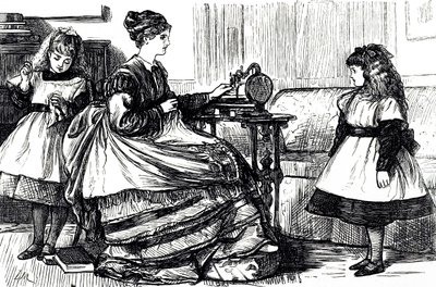 Dikiş makinesi kullanan genç bir anneyi betimleyen bir çizgi film. Fransız-İngiliz karikatürist ve yazar George du Maurier (1834-1896) tarafından resmedilmiştir. by George du Maurier