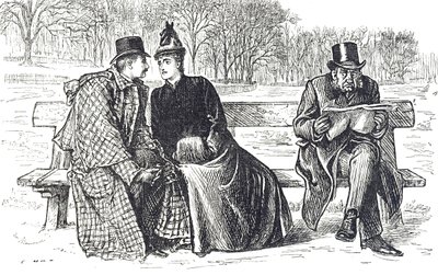 Parktaki bir bankta karşılıklı sevgi alışverişinde bulunan bir çifti tasvir eden çizgi film, yanlarındaki adam onaylamayarak onlara bakıyor. by George du Maurier