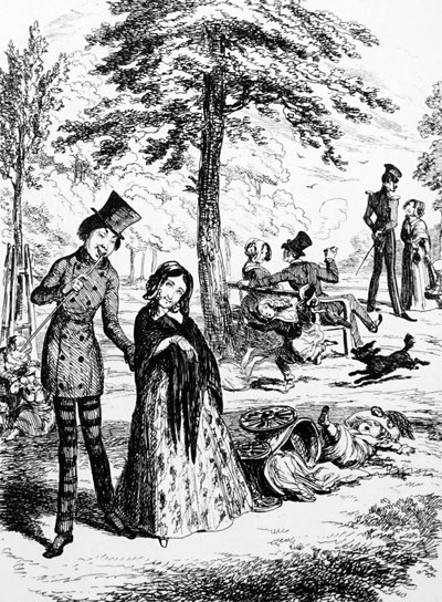 Fransız-İngiliz karikatürist ve yazar George du Maurier (1834-1896) tarafından sevgilisiyle yürüyen bir hizmetçiyi betimleyen karikatür by George du Maurier