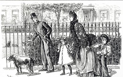Victoria Londra sokaklarında yürüyen bir aileyi tasvir eden çizgi film by George du Maurier