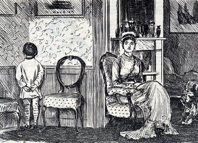 Bir annenin oğlunu duvara bakacak şekilde durdurarak cezalandırdığını gösteren çizgi film by George du Maurier