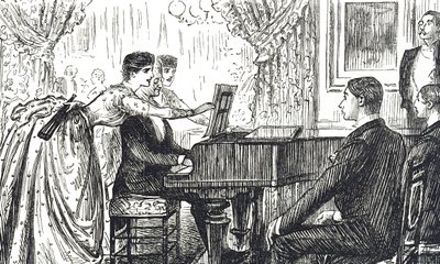 Evde müzikal bir akşamı tasvir eden çizgi film by George du Maurier