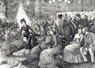 Tipik bir misafir odası konserini tasvir eden çizgi film by George du Maurier