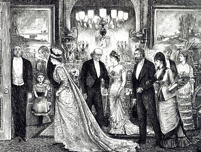 Viktorya dönemine ait bir evde zarif bir suareyi tasvir eden çizgi film by George du Maurier