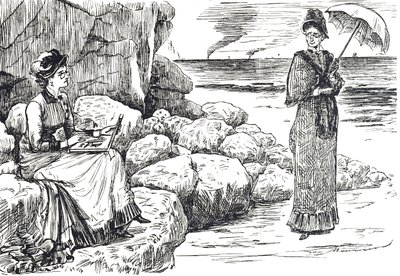 Gözlük takan kadınları tasvir eden çizgi film by George du Maurier