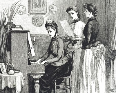 Salonda şarkı söyleyen genç bayanları betimleyen gravür by George du Maurier