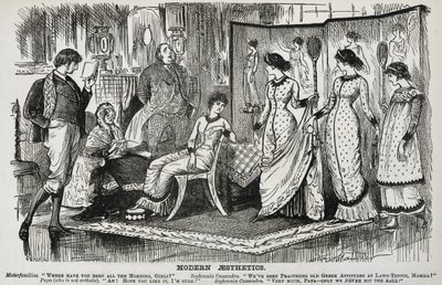 Dekoratif sanatlarda moda olan Estetik Hareket üzerine George du Maurier karikatürü. "Punch", Londra