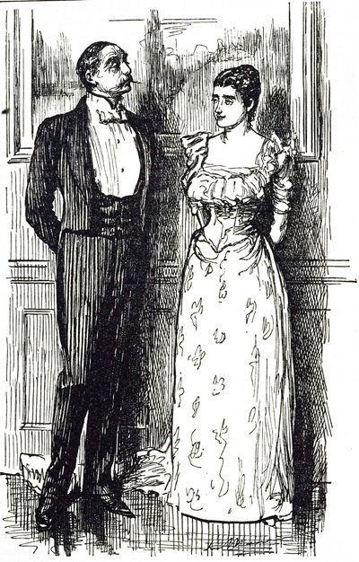 Georges du Maurier karikatürü, bir toplum etkinliğinde sohbet eden bir erkek ve kadını resmediyor, İngiltere 1891 by George du Maurier