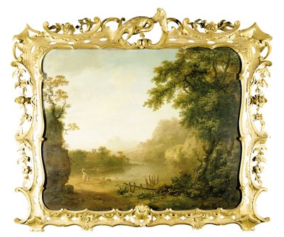 Ön planda figürler ve ötesinde bir köy bulunan bir İtalyan ormanlık nehir manzarası, 1755 by George the Elder Barret