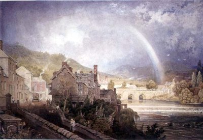 Llangollen Köyü ve Köprüsü, Kuzey Galler, Gökkuşağı Etkisi ile by George the Younger Barret