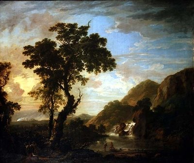Ön planda figürler ve ötesinde kademeli olarak ormanlık nehir manzarası by George the Younger Barret