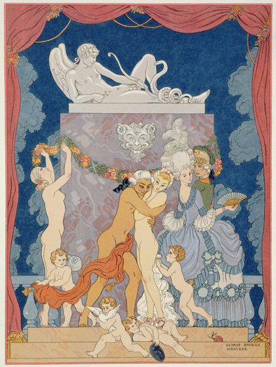 1920'lerde yayınlanan Pierre Chodlerlos de Laclos'un (1741-1803) 'Les Liaisons Dangereuses' filminden bir sahne (kalıp baskısı) by Georges (after) Barbier