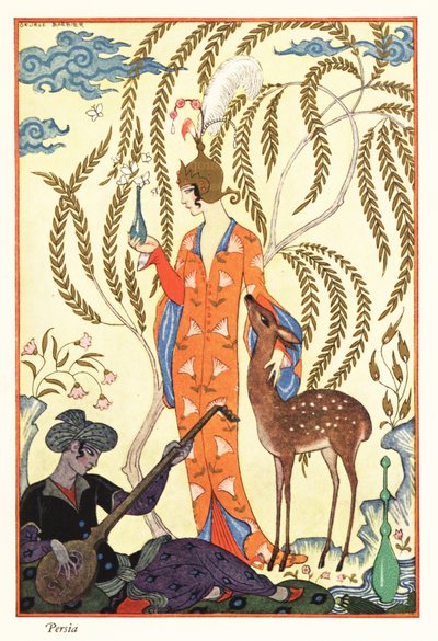 Bir kadın bir parfüm şişesi tutuyor, antik Pers by Georges Barbier