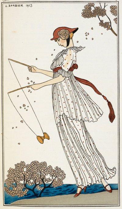 Bir oyuncakla oynayan, baskılı beyaz keten elbise giyen bir kadın by Georges Barbier