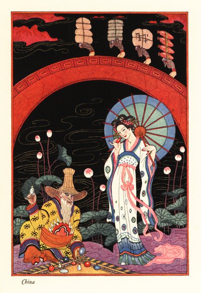 Parfüm şişesi kokan lake şemsiyeli genç bir kadın. by Georges Barbier