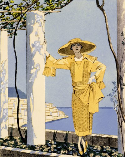 Amalfi, Worth tarafından sarı elbiseli bir kadın resmi by Georges Barbier