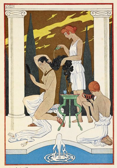 Antik Roma. Hizmetçiler tarafından saçlarını yıkayan bir şahsiyet. by Georges Barbier