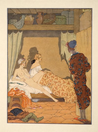 Yatak Odası Sahnesi, Pierre Choderlos de Laclos (1741-1803) pub'ın 'Les Liaisons Dangereuses'dan bir çizim. 1934 (kalıp baskısı) by Georges Barbier