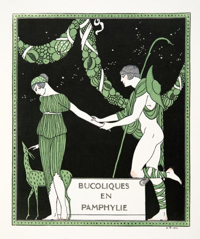 Bucoloques en Pamphylie, Les Chansons de Bilitis'ten bir çizim, Pierre Louys, pub. 1922 (kalıp baskısı) by Georges Barbier