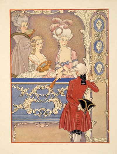 Cécile de Volanges ve; Markiz Isabelle de Merteuil tiyatroda, Pierre Choderlos de Laclos (1741-1803) pub'ın 'Les Liaisons Dangereuses' adlı çiziminden. 1934 (kalıp baskısı) by Georges Barbier