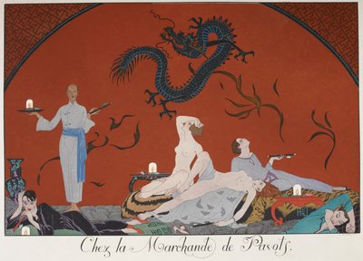 Chez la Marchande de Pasots. Bazıları çıplak, bir odada yatan insanlar. Çin dekorasyonu. by Georges Barbier