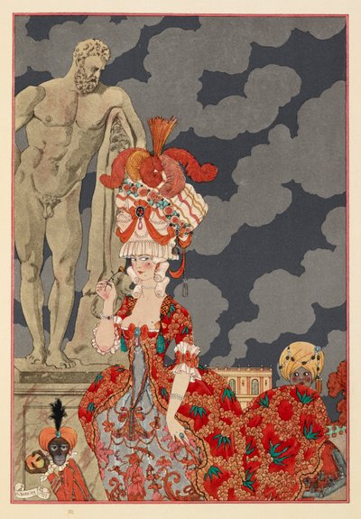 Kortej. Kırmızı bir elbise ve ayrıntılı bir şapka giyen çekici bir kadın. Küçük bir maymun ve çocuk. by Georges Barbier