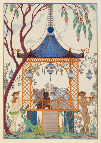 Cythère. Bir köşkte kucaklaşan bir erkek ve kadın. Dışarıda pipo çalan efsanevi yaratıklar. by Georges Barbier