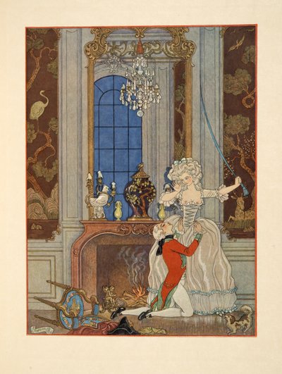 Danceny, Cecile'e aşkını ilan ediyor, Pierre Choderlos de Laclos (1741-1803) pub'ın 'Les Liaisons Dangereuses' adlı çiziminden. 1934 (kalıp baskısı) by Georges Barbier