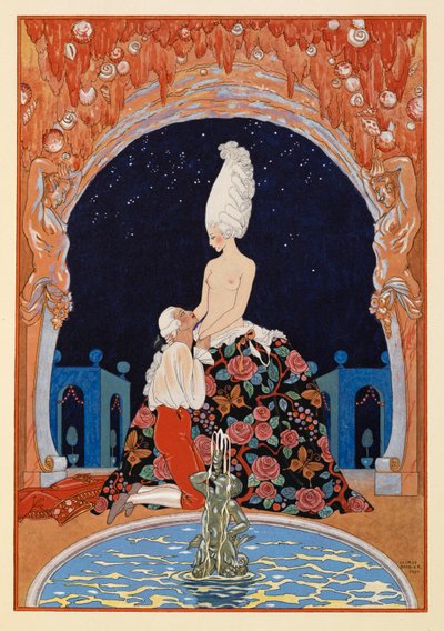 Dans la Grotte. Bir çeşmenin yanında yarı çıplak bir kadının önünde diz çökmüş bir adam. by Georges Barbier