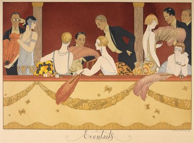 Olaylar. İnsanlar tiyatroda bir akşamın tadını çıkarıyor. by Georges Barbier