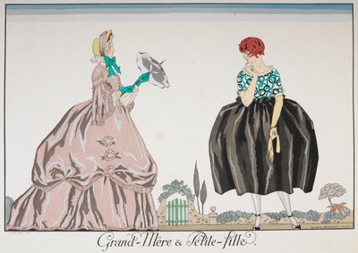 Grand-Mere & Petite fille. Yaşlı bir kadın ve genç bir kız. by Georges Barbier