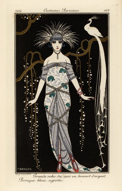 Gümüş brokar, mavi peruk ve tüylerden oluşan büyük gece elbisesi. by Georges Barbier