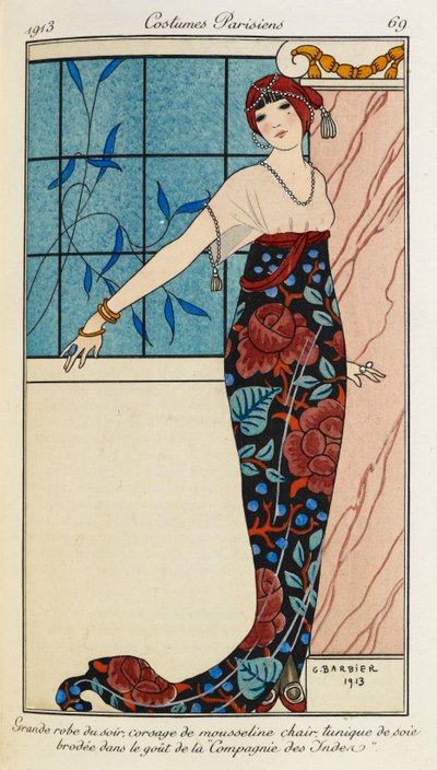 Cythère. Bir köşkte kucaklaşan bir erkek ve kadın. Dışarıda pipo çalan efsanevi yaratıklar. by Georges Barbier