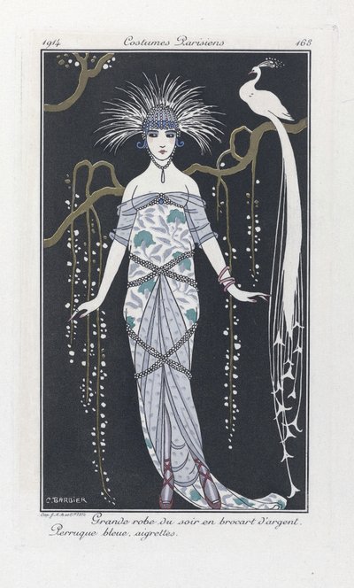 Gümüş brokardan büyük gece elbisesi. Mavi peruk, armalar, Costumes Parisiens