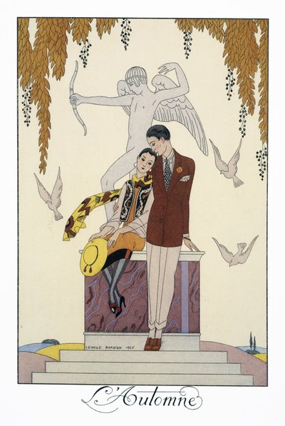 Sonbahar, litografi George Barbier (1882-1932), Falbalas et Fanfreluches, Almanach des Modes Presentes, Passees ve Futures