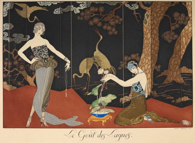 Le gut des laques. Lakelerin tadı. Cilalı bir ekranın önünde iki kadın. by Georges Barbier