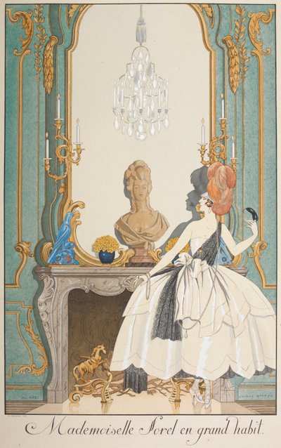 Matmazel Sorel büyük bir alışkanlık içinde. Şöminenin önünde duran bir kadın. by Georges Barbier