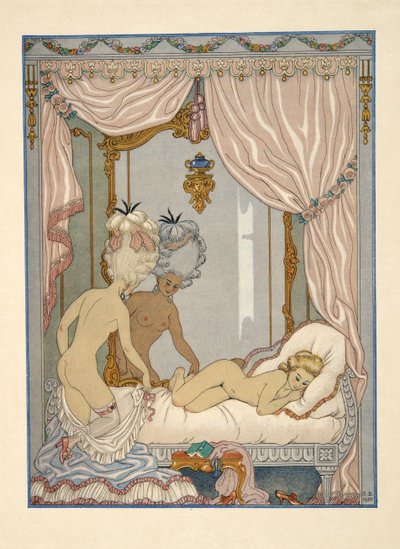 Marquise de Merteuil'in Cécile de Volanges'ın yatak odasını ziyareti, Pierre Choderlos de Laclos (1741-1803) pub'ından 'Les Liaisons Dangereuses'den bir çizim. 1934 (kalıp baskısı) by Georges Barbier