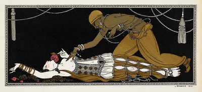 Nijinsky, 1888'de Nikolai Rimsky-Korsakov tarafından bestelenen bir senfonik süit olan Şehrazat'ta Altın Köle rolünde. Şehrazat burada ölüm döşeğinde, altın köle onun üzerine eğiliyor. by Georges Barbier