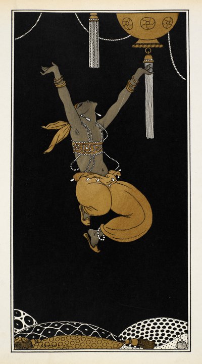 Nijinsky, 1888'de Nikolai Rimsky-Korsakov tarafından bestelenen bir senfonik süit olan Sheherazade'deki Altın Köle olarak. Nijinsky havada, atlamanın ortasında. by Georges Barbier