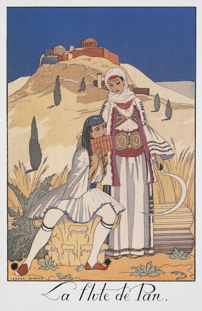 Geleneksel Yunan kostümlerini betimleyen pan flüt oyuncusu by Georges Barbier