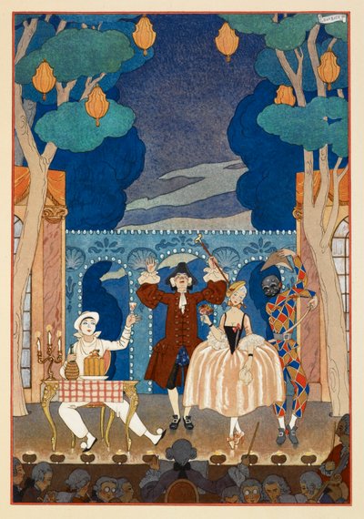 Pandomim. Pierrot ve Harlequin. Bir erkek ve güzel bir kadın. Hepsi bir sahnede. by Georges Barbier