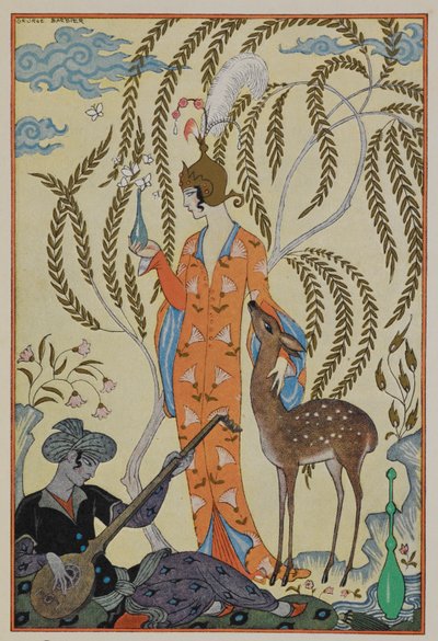 İran. Geyiği olan bir kadın. Müzisyen. by Georges Barbier
