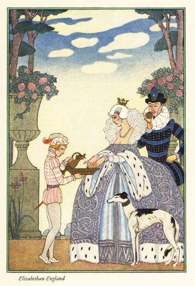 Kraliçe Elizabeth, uşakının tuttuğu bir kasede ellerini yıkıyor. 1928 (baskı) by Georges Barbier
