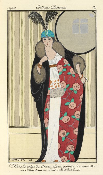 "Tilki ile süslenmiş beyaz krep de chine elbise. Su samuru ceket ve kokarcalar," by Georges Barbier